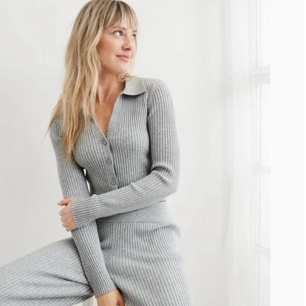 NWT Aerie Gotta Jet! Gray Ribbed Crop Polo Sweater